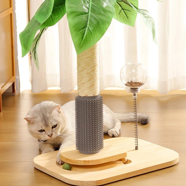 Vertical wooden cat scratching post with chamfered edges and food drop ball attachment