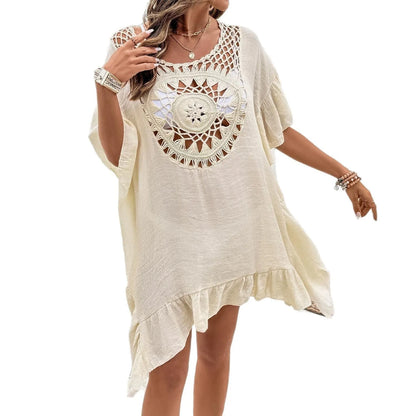 Beach crochet stitching tassel dress swimsuit with patchwork skirt in slubbed fabric, free size fit
