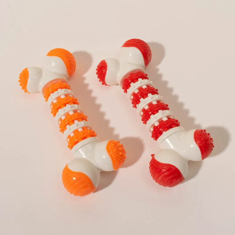 Bone-shaped interactive dog toy in blue, orange, or red for small breeds with treat holder
