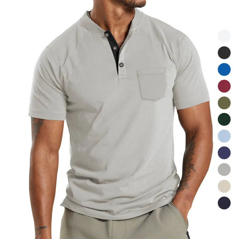 A man wearing a plus size solid colour short sleeve polyester shirt with a button chest pocket.