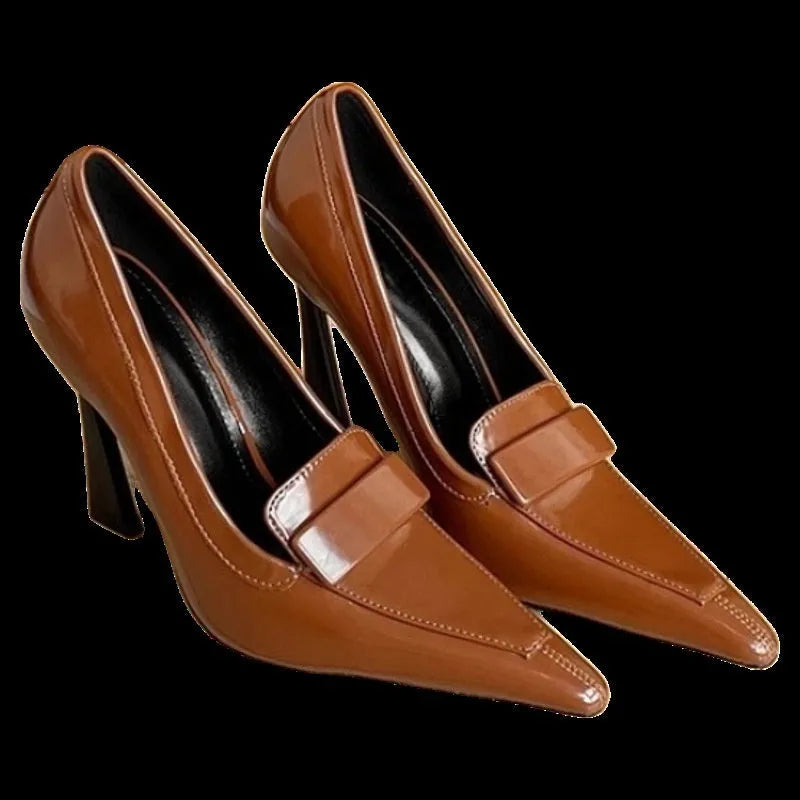 Women's pointed-toe stiletto court heels with 6-8cm tapered heel, PU upper, black or brown, sizes 34-42