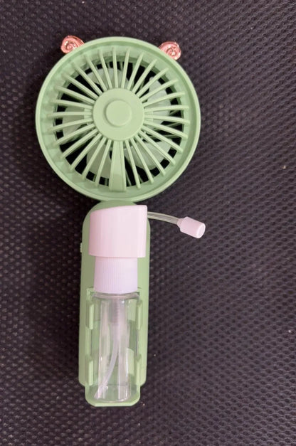 Plastic nozzle fan in multiple colours with USB charging cable, measuring 20cm long on desk surface