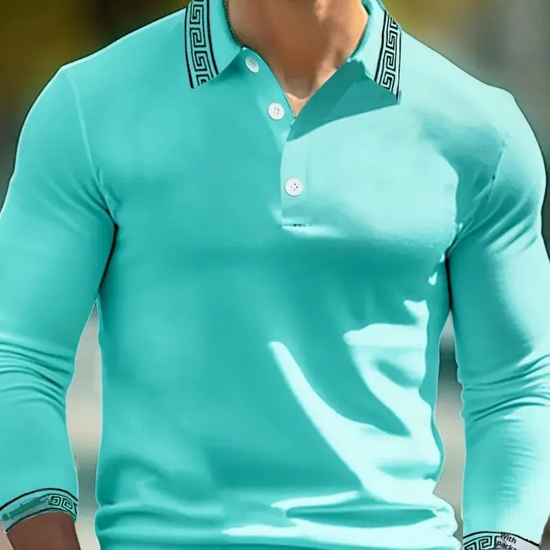Men's long sleeve button-up polo shirt in a loose fit, made from a polyester blend fabric.