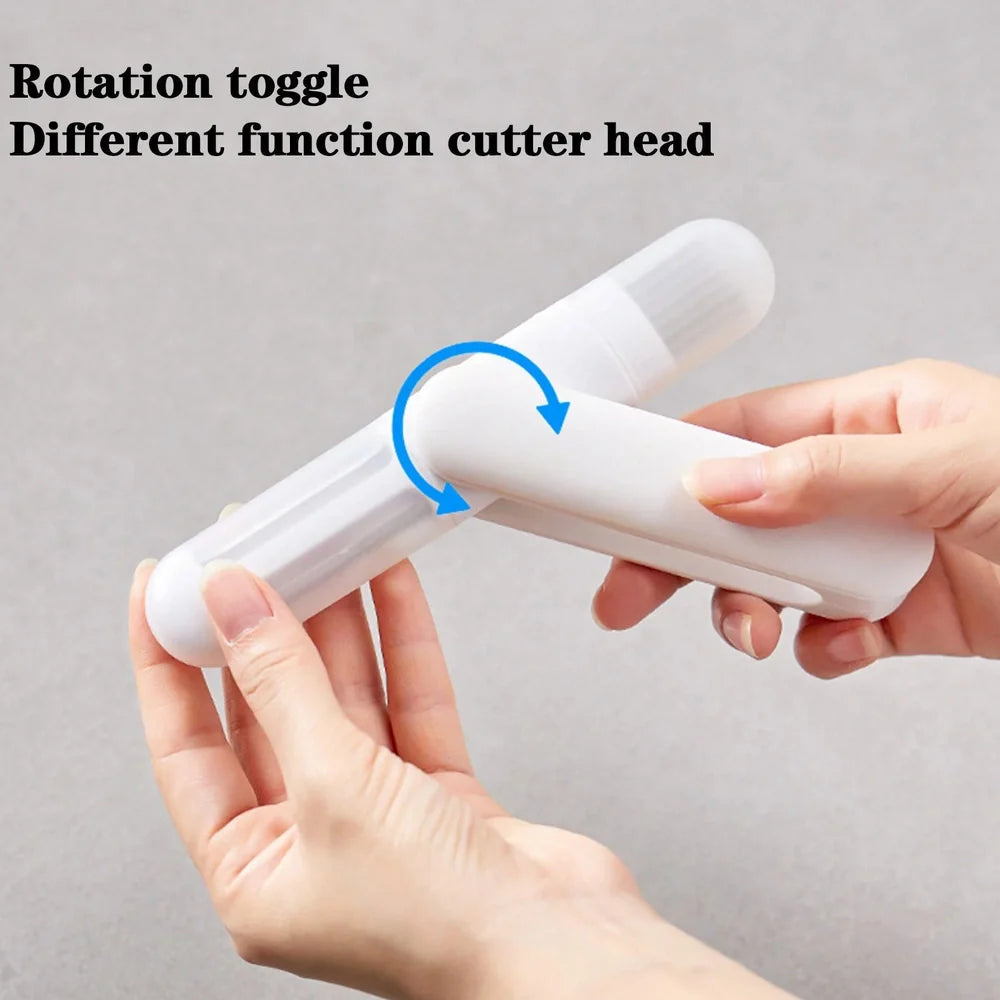 White 3-in-1 rotary paring knife with stainless steel blades showing 360° rotating mechanism