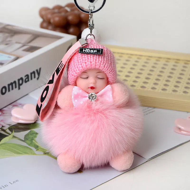 Hand-woven fox fur sleeping doll keychain pendant with optional bow