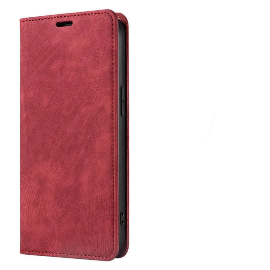 Magnetic flip phone case in grey with leather finish, showing card storage compartment and slim 2mm profile for iPhone.