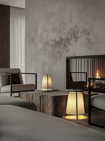 Japanese wabi-sabi floor lamp with cloth shade, iron frame, LED light source and push-button switch
