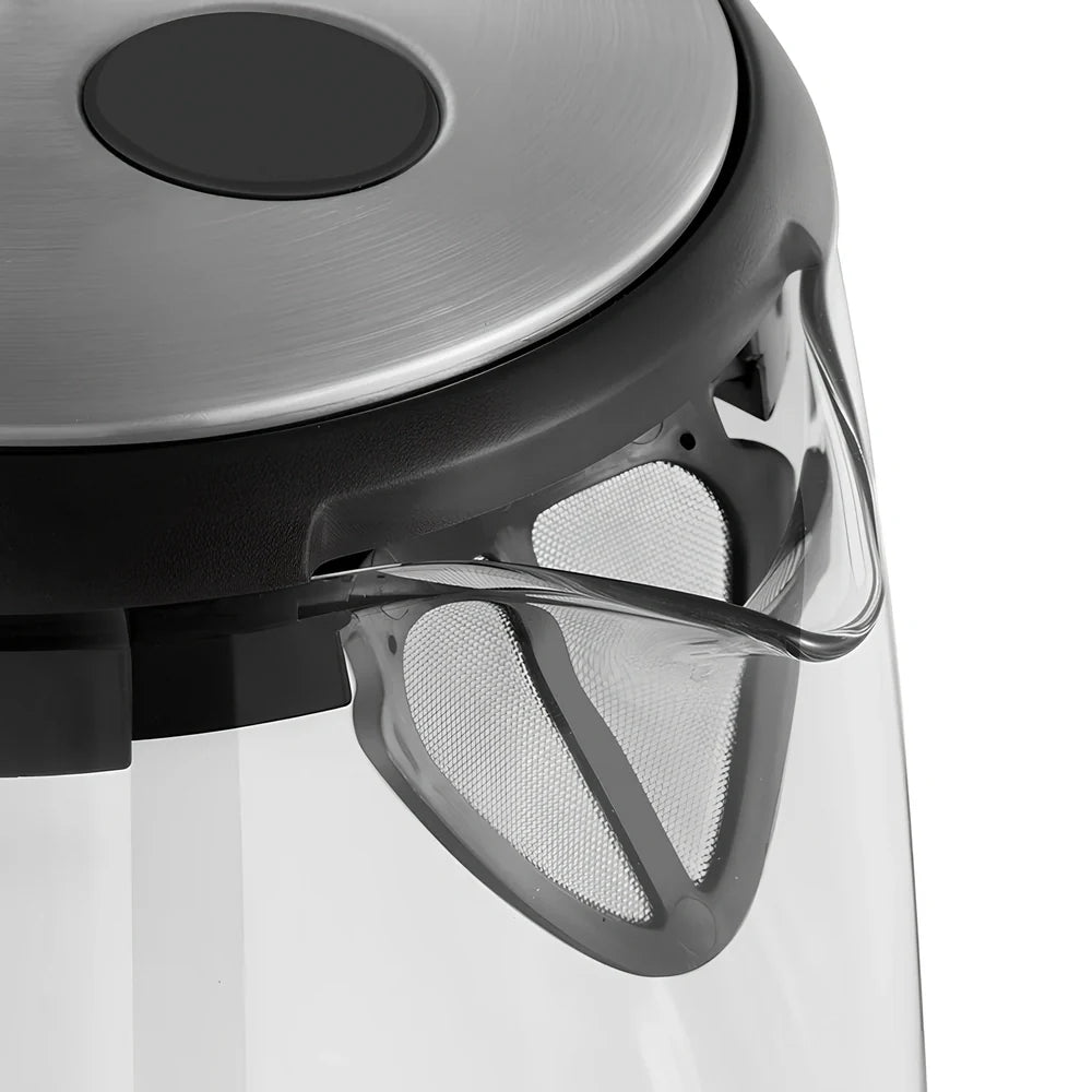 Transparent glass electric kettle showing water level scale and ergonomic handle