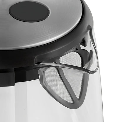Transparent glass electric kettle showing water level scale and ergonomic handle