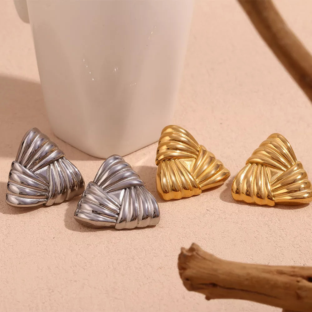 18K gold triangular stud earrings with retro design for women