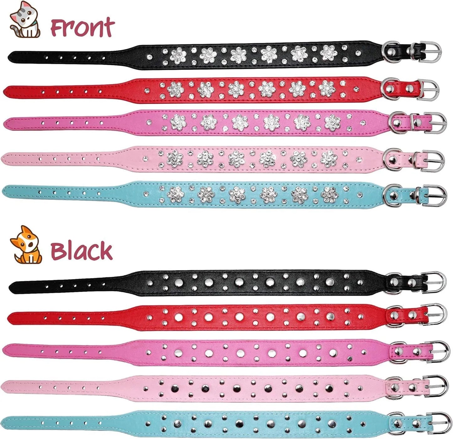 PU leather dog collar with rhinestone flower pattern and metal studs, adjustable for small and medium dogs