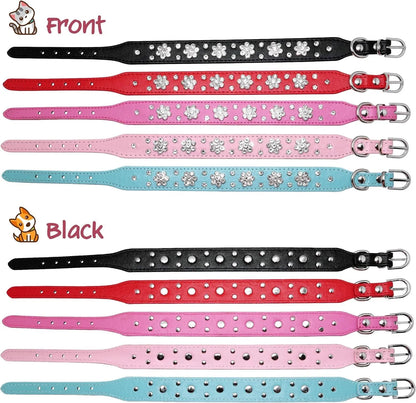 PU leather dog collar with rhinestone flower pattern and metal studs, adjustable for small and medium dogs