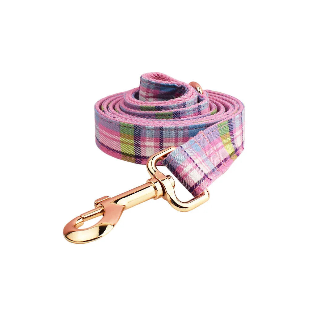 Four-piece dog accessory set showing adjustable collar, leash, mesh vest, and bow in coordinating colours