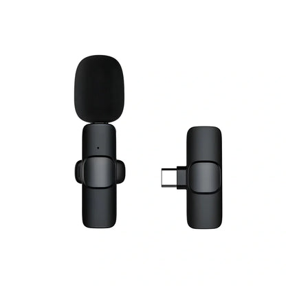 Wireless lavalier microphone with clip showing compact 130x90x25mm dimensions and multiple interface connectors