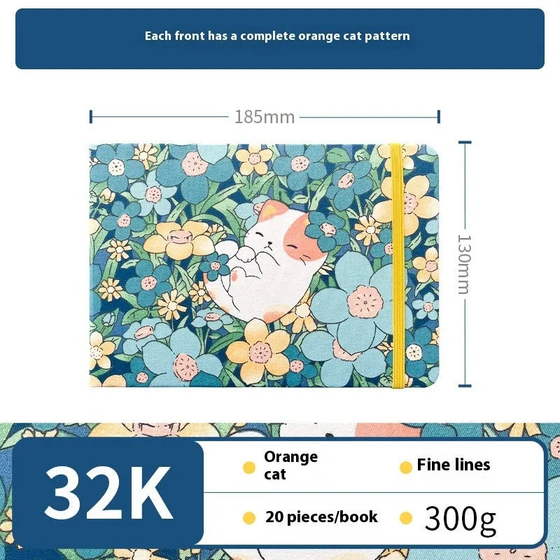 Feiluniao watercolour notebook with fabric cover, 185mm length, open to show paper for painting.