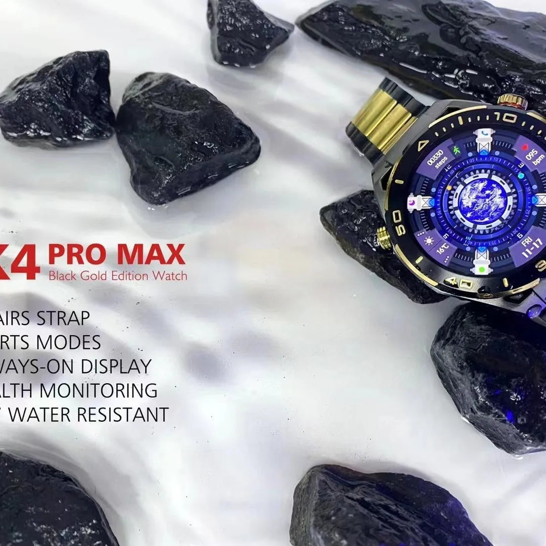 Gold smart sports watch with large screen, Bluetooth calling, heart rate monitoring and wireless charging