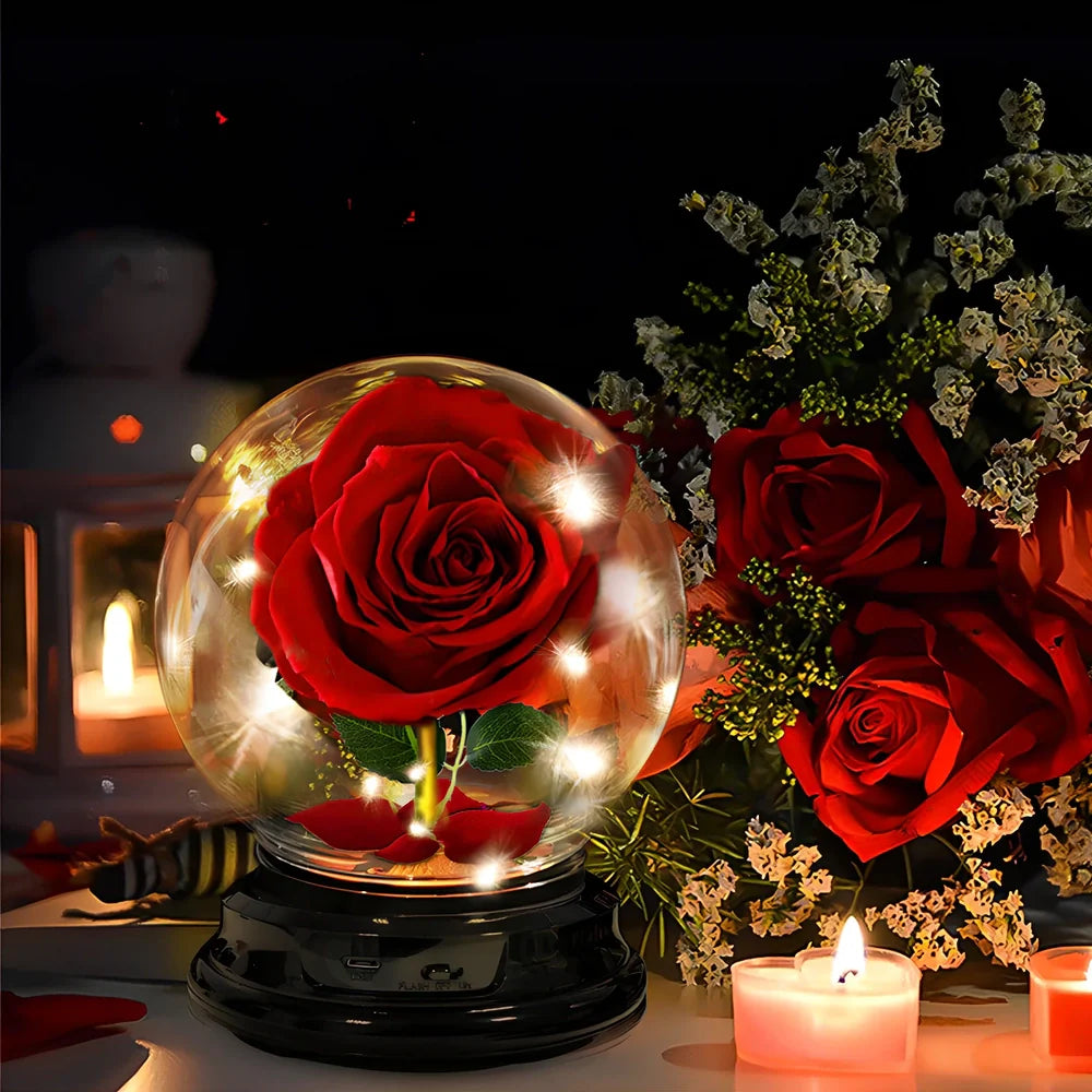 Handmade red velvet rose in eternal preservation inside 20 cm glass lantern with warm 300-lumen lamp for home decor