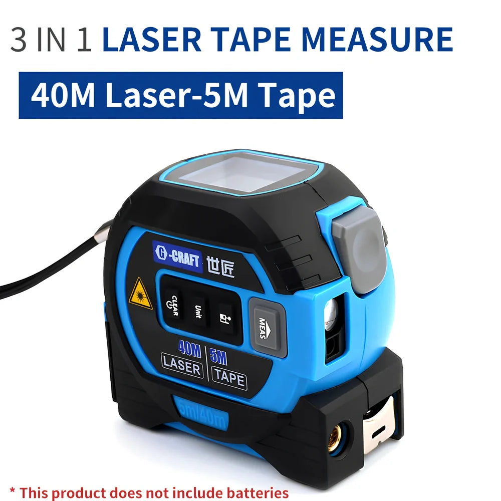 Blue 3-in-1 laser tape measure showing 5m tape extended and 60m infrared beam for construction ranging