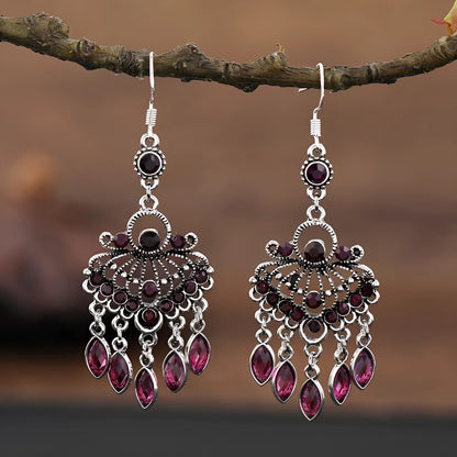 Purple long fringe drop earrings with crystals on a retro ethnic style alloy setting.