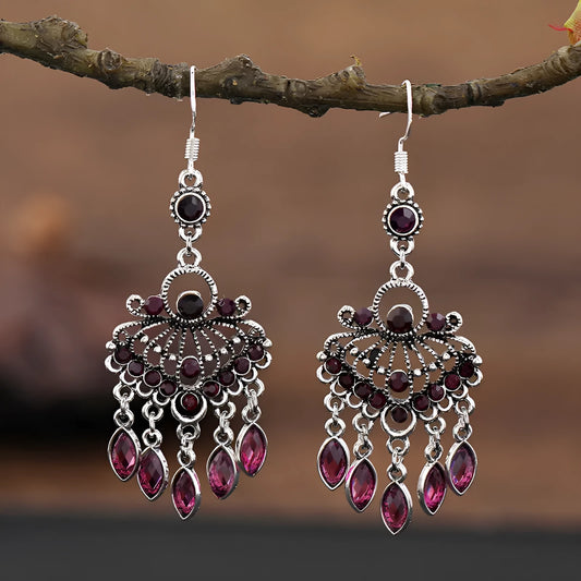 Purple long fringe drop earrings with crystals on a retro ethnic style alloy setting.