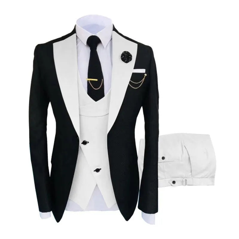 Men's slim fit three-piece business suit in black with contrasting vest, showing complete coat, vest, and trousers set