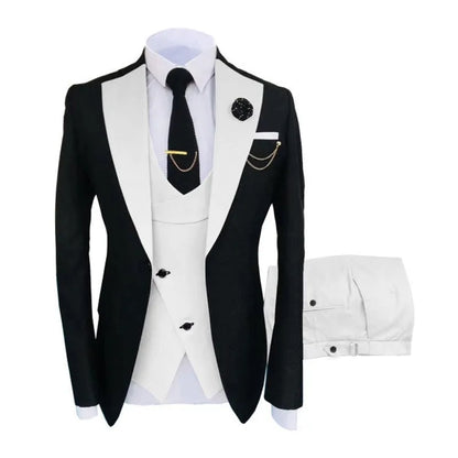 Men's slim fit three-piece business suit in black with contrasting vest, showing complete coat, vest, and trousers set