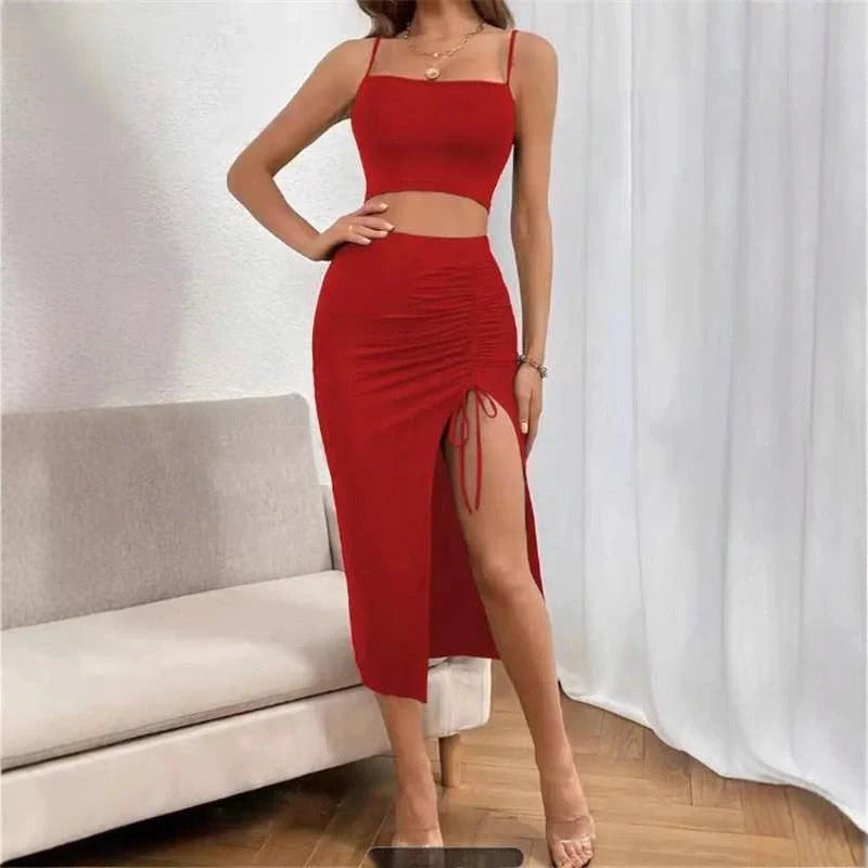 Stylish women's slim fit sleeveless split mid-length dress set in various colors