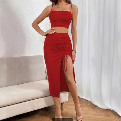 Stylish women's slim fit sleeveless split mid-length dress set in various colors