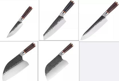 Forged Hammer Pattern Cutting Tool Stainless Steel Set with various knives and sheaths