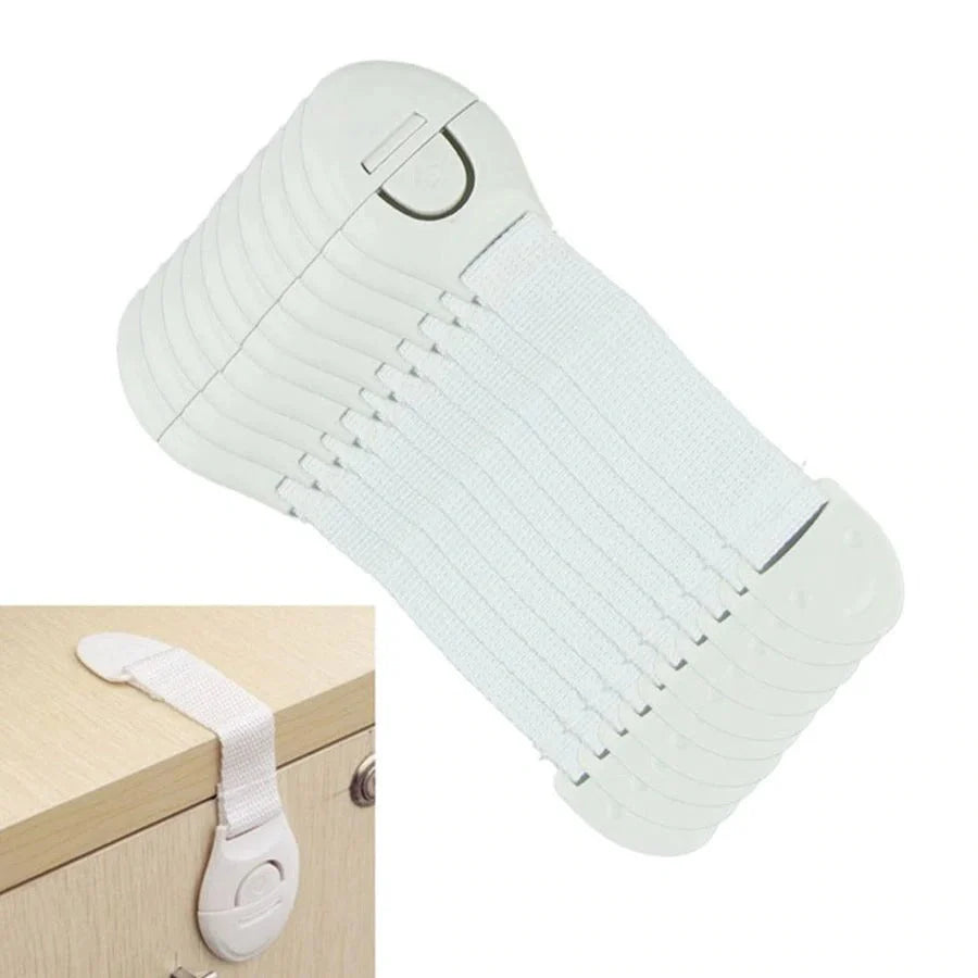 Multifunctional extended baby safety lock for cabinets and drawers in white