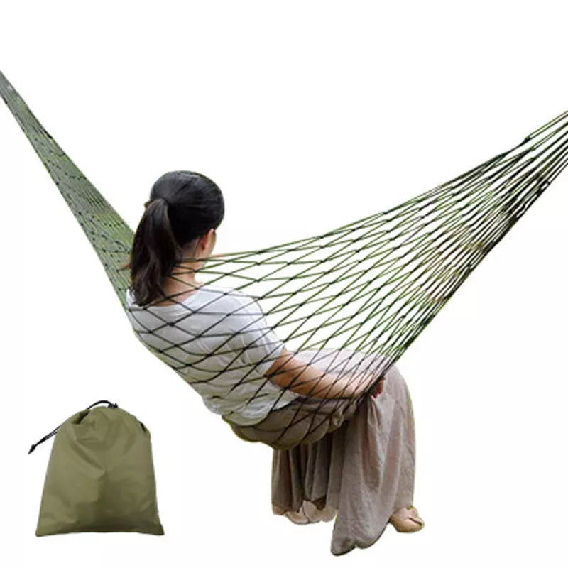 Bold Nylon Rope Mesh Hammock in green or blue, perfect for indoor and outdoor relaxation