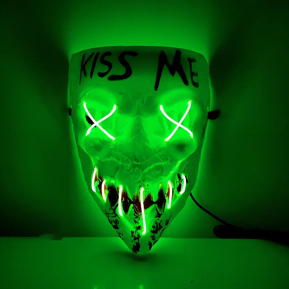 Multicolor luminous Halloween mask with adjustable glow, plastic construction in blue, green, and red options for festivals