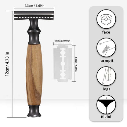 Men's manual shaving razor with olive wood handle and metal razor holder