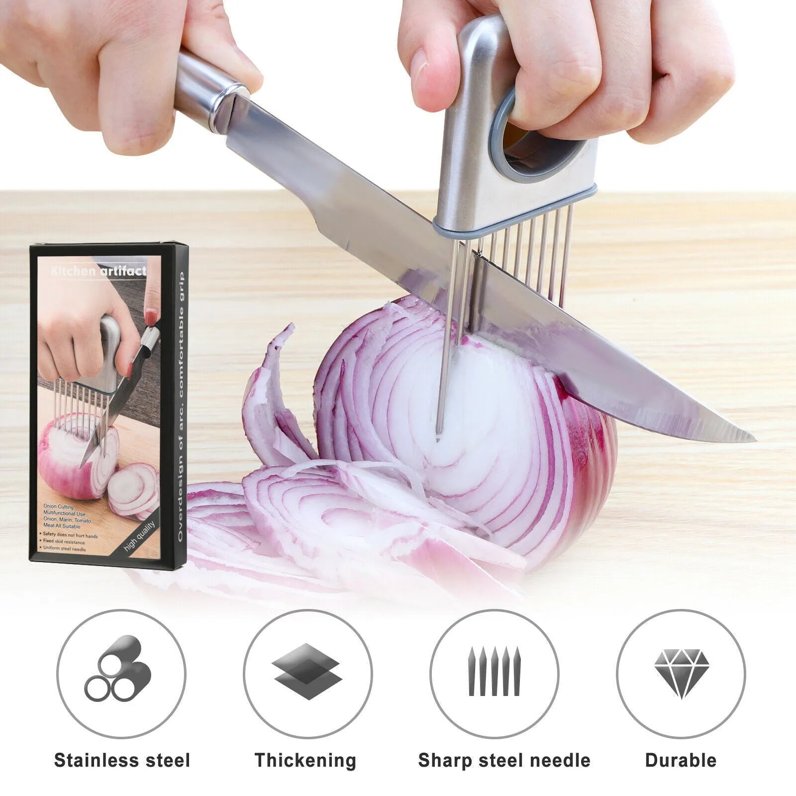 Stainless steel onion holder slicer tool with sharp prongs and a finger guard protector on a kitchen surface.