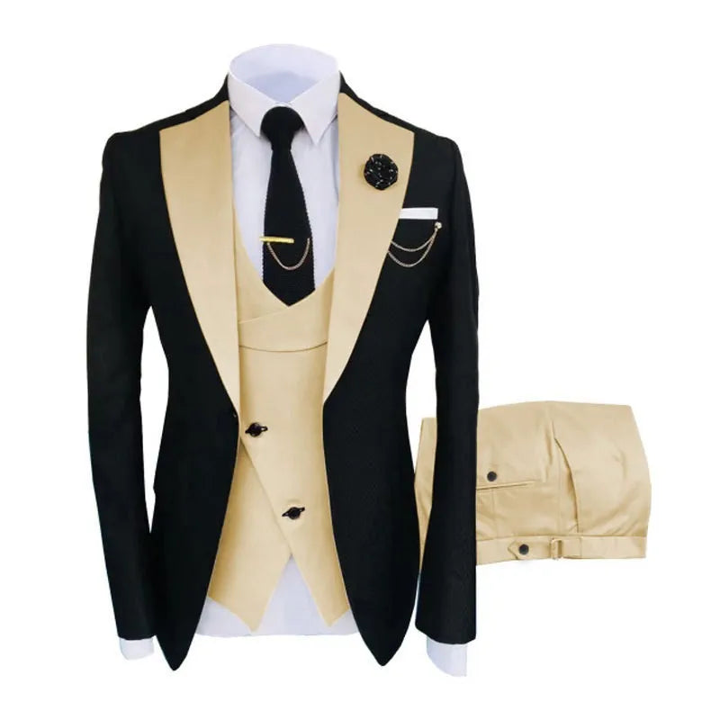 Men's slim fit three-piece business suit in black with contrasting vest, showing complete coat, vest, and trousers set