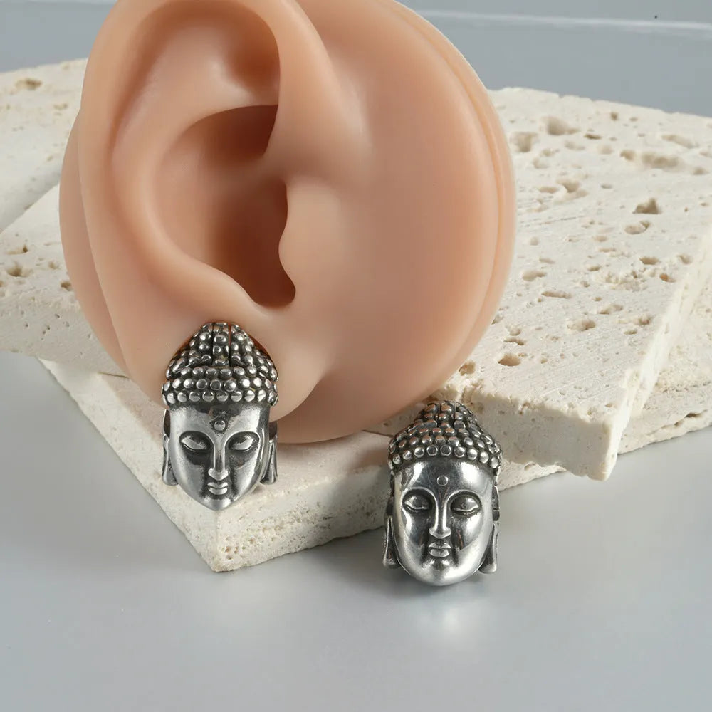 Personalised stainless steel hollow skull Buddha earrings showing 1.5 cm diameter and electroplated colour options