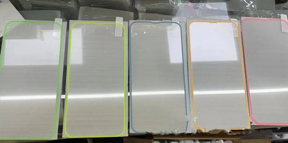 Fluorescent tempered glass screen protector glowing in blue for iPhone with full-screen coverage
