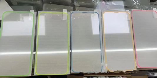 Fluorescent tempered glass screen protector glowing in blue for iPhone with full-screen coverage