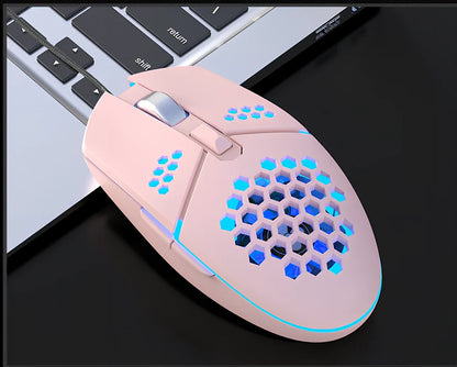 Wired gaming mouse with honeycomb shell and cooling fan, showing ergonomic ≥120mm design with 6 programmable buttons