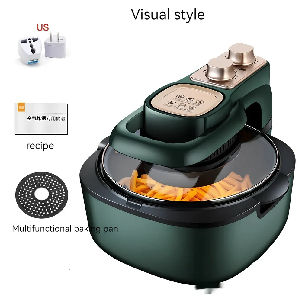 Green air fryer with touch controls measuring 335x325x295mm with 6-litre capacity