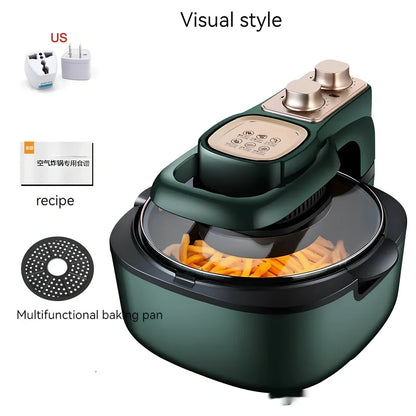 Green air fryer with touch controls measuring 335x325x295mm with 6-litre capacity