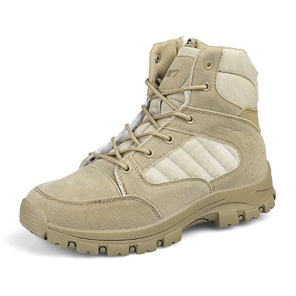 Men's black and camouflage high-top hiking shoes with PU upper and metal eyelets on a rocky outdoor path.