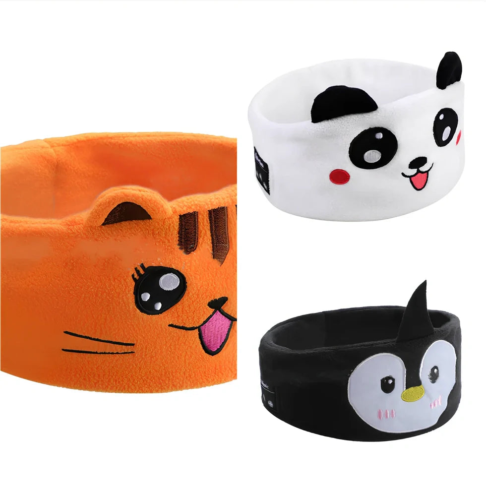 Bluetooth animal headband sleep mask with dinosaur hood showing integrated speakers and wireless design