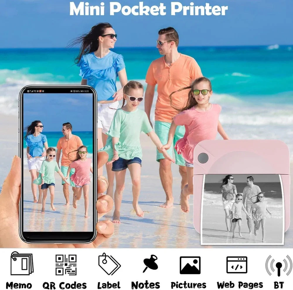 Blue mini thermal printer measuring 80x80x35mm with Bluetooth connectivity for student study organisation