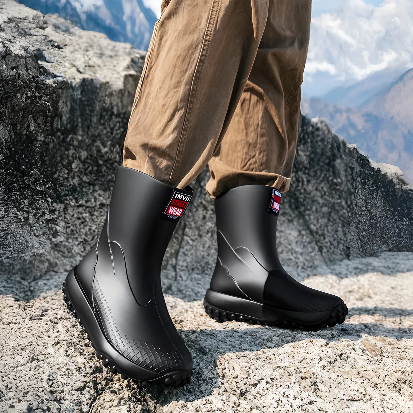 Men's mid low tube rain boots in black red colour with round toe and plastic soles