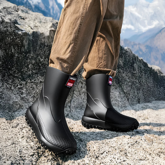 Men's mid low tube rain boots in black red colour with round toe and plastic soles