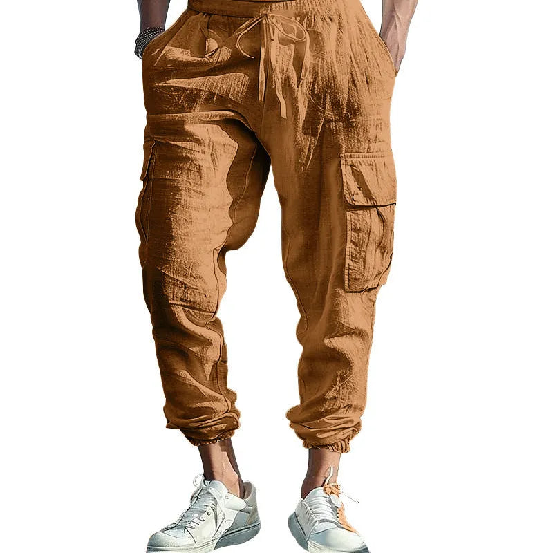 Men's linen trousers with ankle ties and multiple pockets in solid colour
