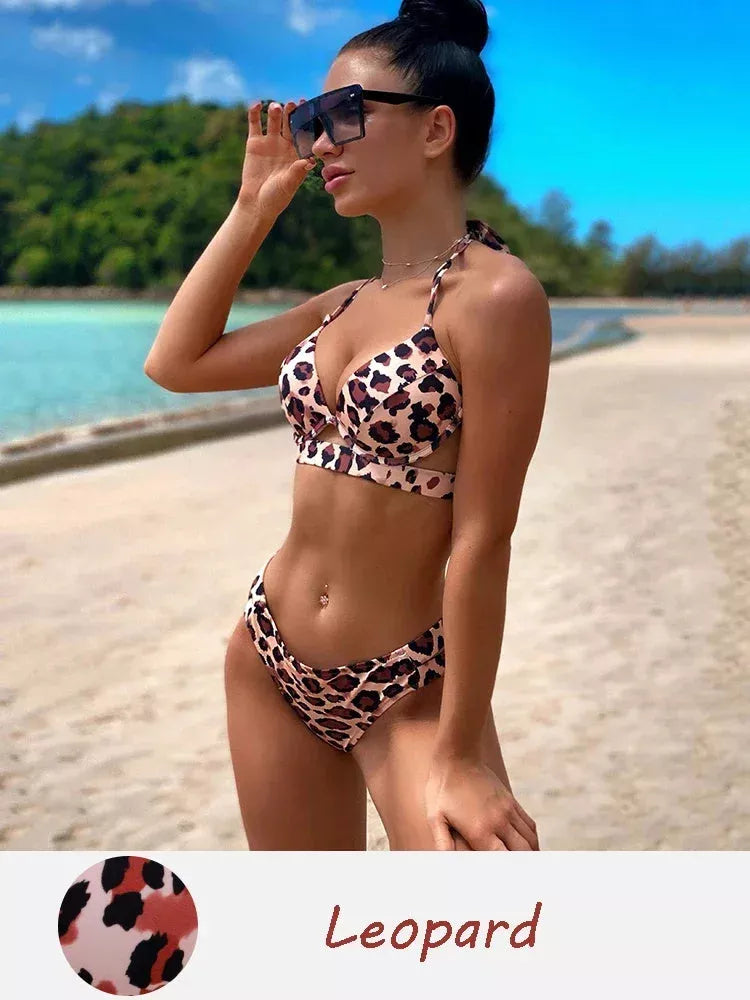 Women's backless bikini set in polyester, available in yellow, red, black, and leopard print