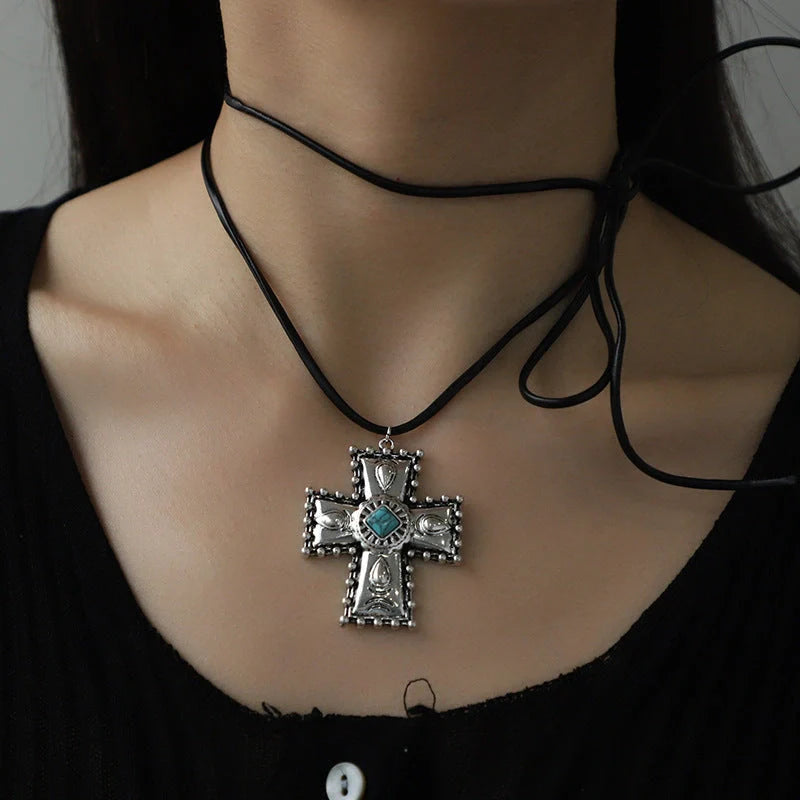 Personalized Turquoise Wax Rope Necklace with embossed Vintage Cross pendant