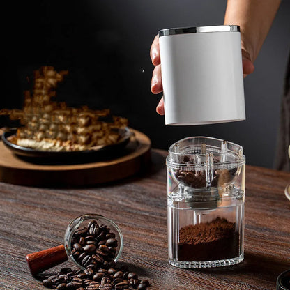 Electric ceramic burr coffee grinder in frosted white or black with USB charging cable